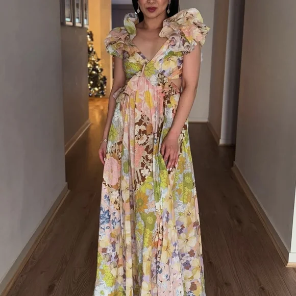 Zimmermann Pop Ruffle Midi Dress in Patch Floral - Picture 2 of 10